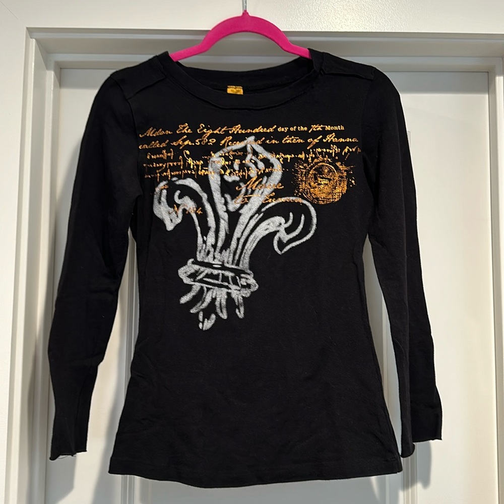 Black long sleeve shirt with copper metallic and white print on front
